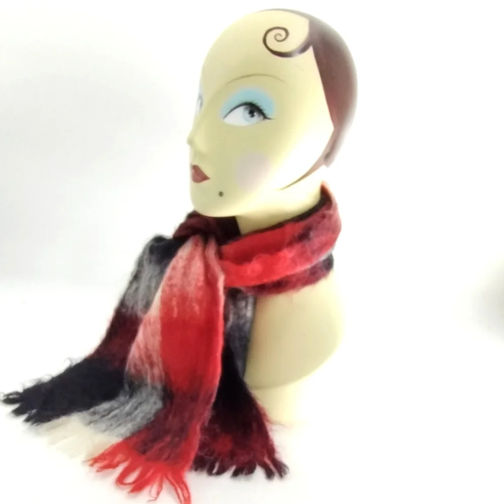 Vintage Mohair Blend Buffalo Plaid‎ Red and Black Scarf
